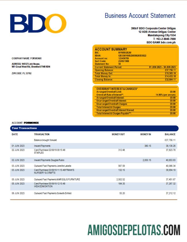 Modelo Realista BDO Bank Organization Statement Word e PDF
